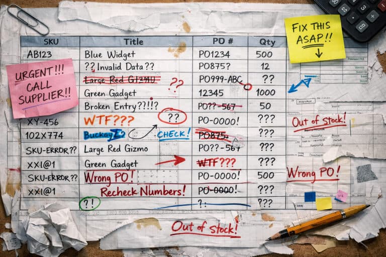 Messy spreadsheet showing the chaos of disconnected product data